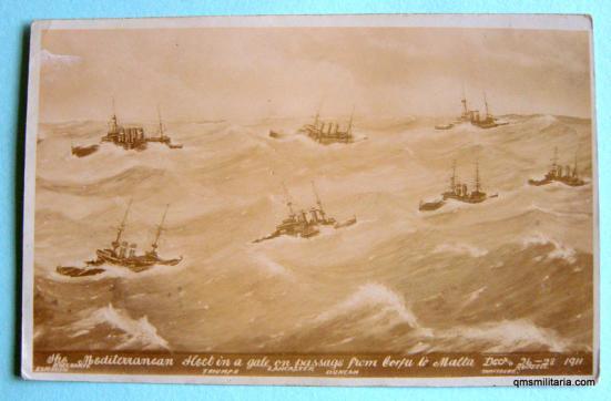 Artist impression Postcard, depicting the Royal Navy Mediterranean Fleet in a gale sailing from Corfu to Malta December 1911.