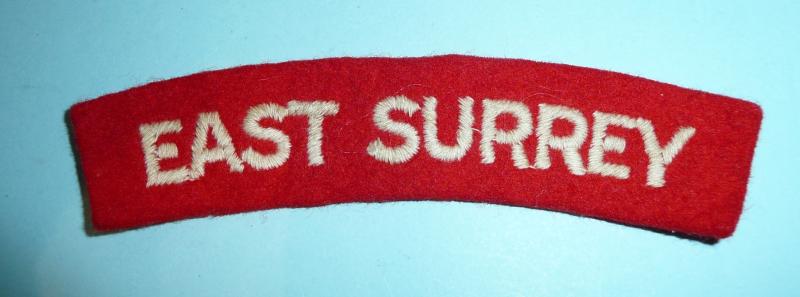WW2 East Surrey Regiment White on Red Embroidered Cloth Shoulder Title
