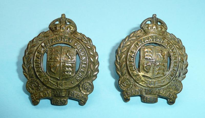 Indian Army (AFI) - 1st Madras Volunteer Guards / Infantry Volunteers Officer's Matched Pair of Gilt Brass Collar Badges, King's Crown