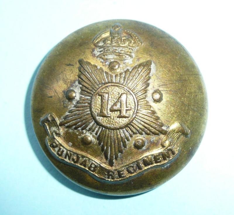 British Indian Army - 14th Punjagb Regiment Officer's Large Pattern Gilt Brass Button, King's Crown