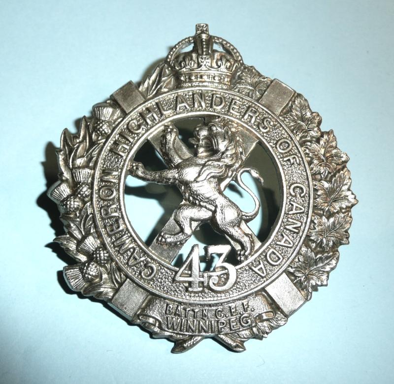 WW1 Canada - 43rd CEF (Winnipeg) Cameron Highlanders of Canada White Metal Glengarry Cap Badge