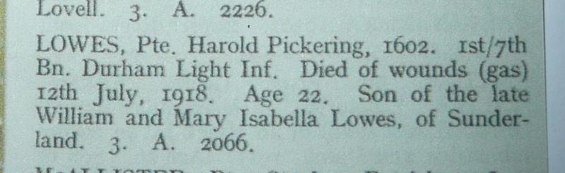 WW1 ID Identity Disc Pte Harold Pickering Lowes, 1/7th Battalion Durham Light Infantry (DLI) - Died from Wounds (gas)