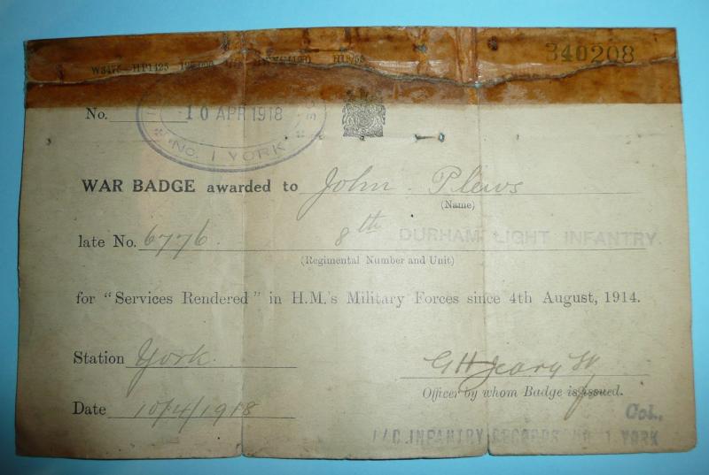 WW1 Silver War Badge (SWB) Award Document Plus Discharge Certificate to Pte John Plews, 8th (TF) Battalion Durham Light Infantry (DLI)