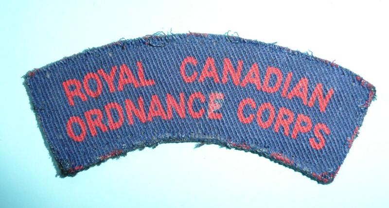 WW2 Royal Canadian Ordnance Corps (RCOC) Printed Cloth Red ON Blue Shoulder Title