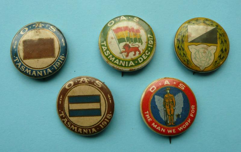 WW1 Australian Tasmanian Patriotic Fund Raising Tinnies Pin Badges - x 5 Different patterns