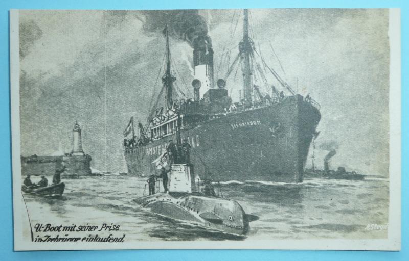WW1 German Postcard shoing a U-Boot / U Boat bringing a captured merchant ship into harbour