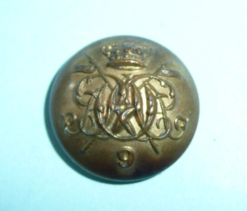 Victorian 9th Queen's Royal Lancers Officers Gilt Medium Pattern Button, QVC Crown